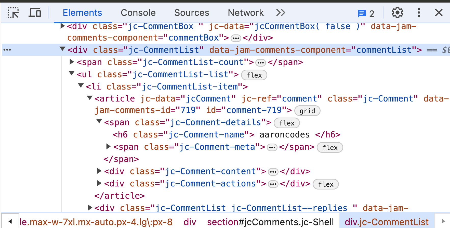 HTML elements in dev tools